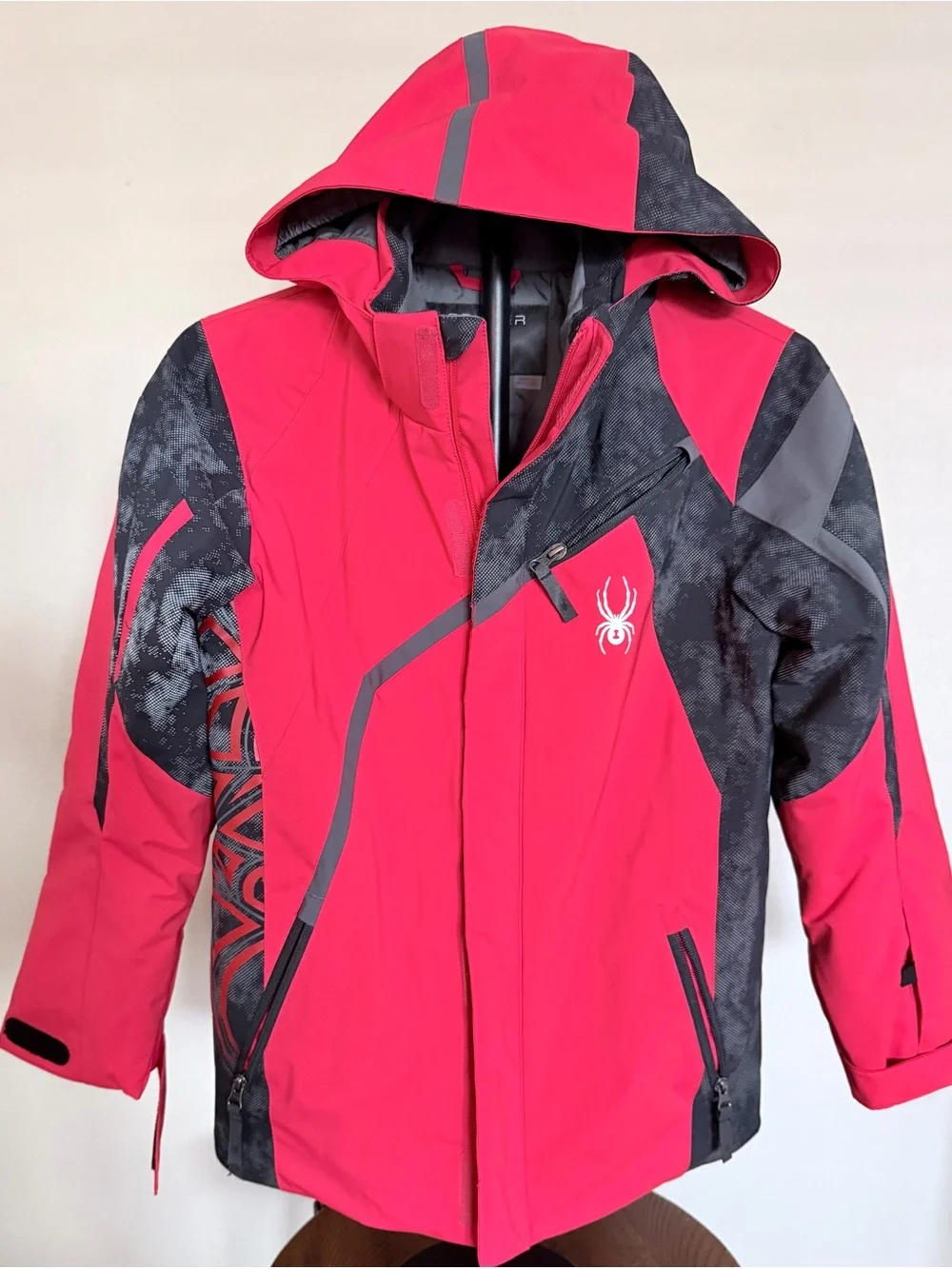 Spyder Kids Ski Jacket Size 14 Red/Black Hooded Insulated Full Zip Softshell